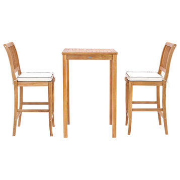 3 Piece Teak Wood Castle Intimate Patio Bistro Bar Set, 27" Table & 2 Barstools