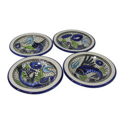 Le Souk Ceramique - Round Stoneware Sauce Dishes, Set of 4, Aqua Fish Design - Serving Dishes And Platters