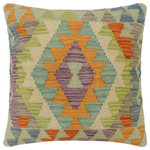 Bareens Designer Rugs - Boho Chic Turkish McKenna Hand Woven Kilim Pillow - Embellish your home with this timeless casual chic handmade Southwestern Kilim throw pillow covers made with wool and cotton. Constructed on a loom by Nomad Turkman people with hand spun wool and Natural Vegetable dyes these beautiful Kilim pillow covers are known for their beautiful repetitive geometrical, naturalistic floral and traditional patterns yet still giving it a moden look. Masterfully artisan-crafted on traditional Kilim looms with a contemporary fashion palette producing bold intricate sharp patterns making them a standout piece in any decor.