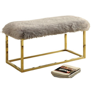 Elegant Contemporary Accent Bench, Golden Metal Base With Faux Fur Seat, Gray