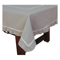 Xia Home Fashions - Ruffle Trim Taupe with White Lace Tablecloth - Tablecloths
