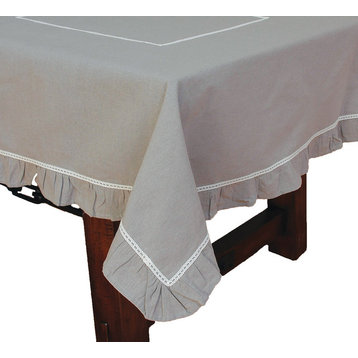 Ruffle Trim Taupe with White Lace Tablecloth, 60"x84"