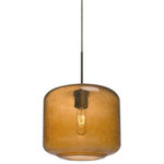 Besa Lighting - Besa Lighting 1JT-NILES10AM-BR Niles 10 - One Light Pendant with Flat Canopy - The Niles Amber Pendant is composed of a broad transparent amber glass cylinder, with an interesting bubble pattern blown randomly throughout the glass and exposed light source. The pleasing play of light through the bubble accents make for a striking affect, along with the popular theme of this transitionally designed pendant. The cord pendant fixture is equipped with a 10' SVT cordset and an low profile flat monopoint canopy. These stylish and functional luminaries are offered in a beautiful brushed Bronze finish.  No. of Rods: 4  Canopy Included: TRUE  Shade Included: TRUE  Cord Length: 120.00  Canopy Diameter: 5 x 5 x 0 Rod Length(s): 18.00Niles 10 One Light Pendant with Flat Canopy Amber Bubble GlassUL: Suitable for damp locations, *Energy Star Qualified: n/a  *ADA Certified: n/a  *Number of Lights: Lamp: 1-*Wattage:60w T10 Medium Base bulb(s) *Bulb Included:No *Bulb Type:T10 Medium Base *Finish Type:Bronze