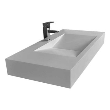 Modern Wall-Mounted Rectangular Stone Resin V-Shaped Sink, Glossy White