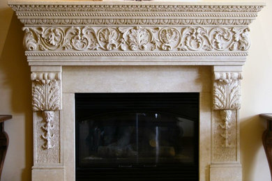 Inspiration for a mid-sized timeless enclosed family room remodel in San Diego with a stone fireplace, beige walls and a standard fireplace