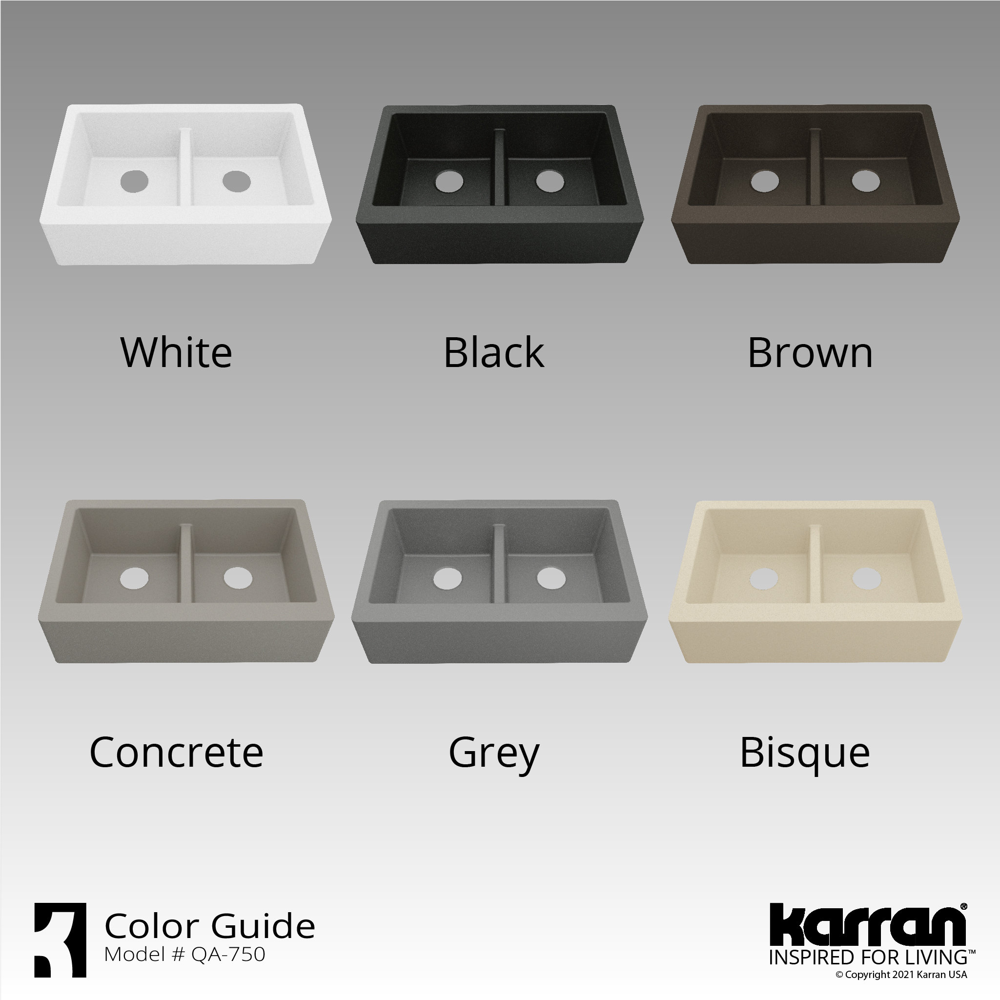 Karran Farmhouse Apron Front Quartz 34" Double Bowl Kitchen Sink, Concrete