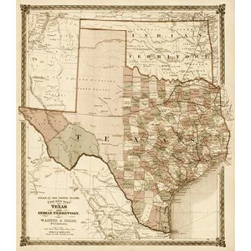 County Map of Texas  and Indian Territory  1874 - Decorative Sepia Poster Print
