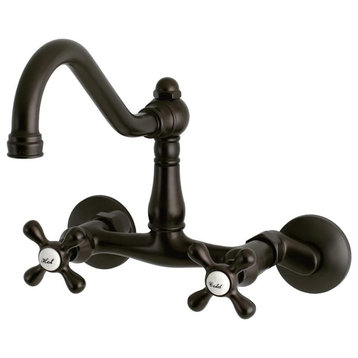 Classic Wall Mount Kitchen Faucet, Curved Spout & 2 Handles, Oil Rubbed Bronze