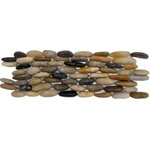 Pebble Tile Mosaics - Standing Polished Mixed Pebble Tile, 4"x12" - We create our Standing Mixed Pebble Tile from the stones used in our Polished Pebble Tile line. Each stone is cut in half and adhered to a durable mesh backing for ease of installation. Our unique interlocking system gives the appearance that each stone is hand set.