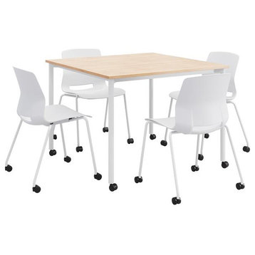 KFI Dailey 42in Square Dining Set - Natural/White Table - White Chairs w/Casters