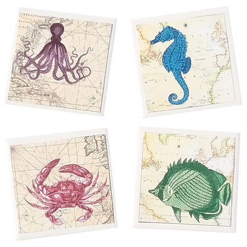 Vintage Inspired Sea Creature Nautical Map Ceramic Tile Coaster Set
