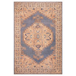 Bareens Designer Rugs - Antique Lavastone Low-Pile Rosena Blue/Tan Wool Rug 6'4'' x 9'5'' - An exhilarating oriental rug with distinctive motifs and wide-ranging pallet of warm colors, this antique vintage distressed low pile hand knotted masterpiece is a breath-taking addition to any decor. Featuring a soft low pile, showcasing the intricate design with an awe-inspiring color palette this masterpiece is known for its versatility, all vegetable dyes, and high knot count. Known for its artistic individuality, masterful construction, and enduring appeal this one-of-a-kind rug is an excellent addition to any decor.