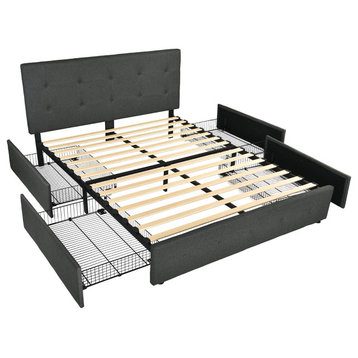 Upholstered Queen Size Platform Bed Frame with 4 Storage Drawers