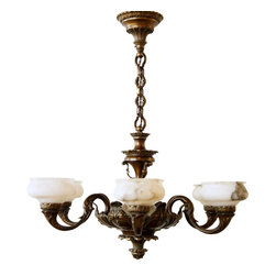 Scandinavian Bronze and Alabaster Shade Six-Light Chandelier - Chandeliers