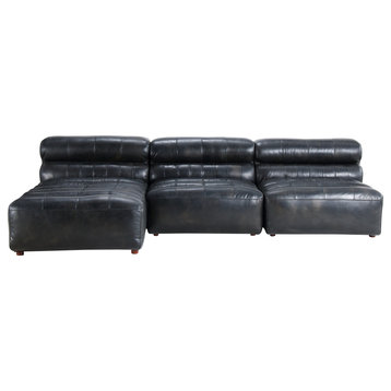 3PC Set Black Top Grain Leather Reversible Modular Antique Black Sofa