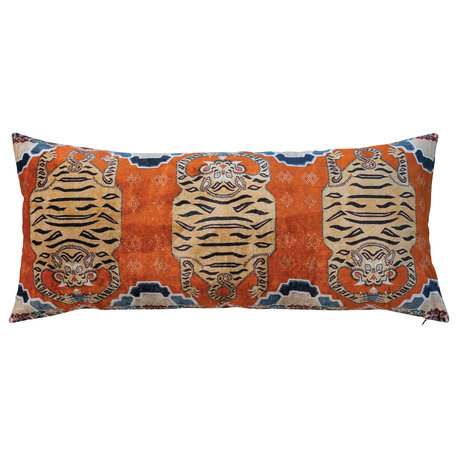 Cotton Velvet Tigers Pattern Lumbar Pillow, Multicolor