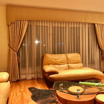 Custom drapery with custom upholstered cornice.