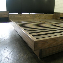 platform bed with drawers, sidetables and leather headboard - Furniture