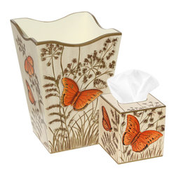 Orange Butterfly on Gold Branches Wastebasket & Tissue Box Set - Bathroom Accessories