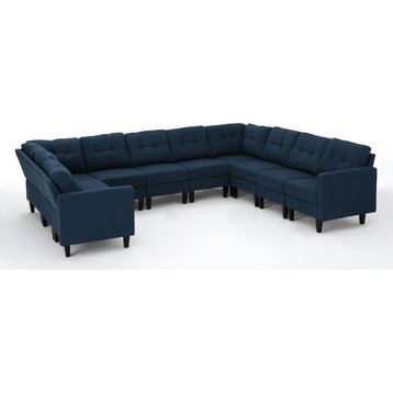 GDF Studio 10-Piece Niya Mid Century Modern Fabric U-Shaped Sectional Sofa, Navy