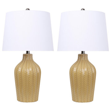 23.5" Yellow Ceramic Table Lamp With Off-White Linen Shade, Set of 2