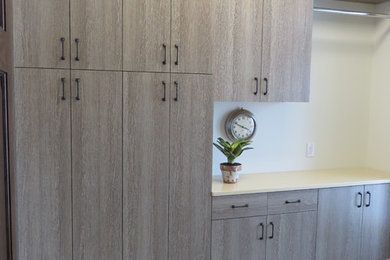 Large minimalist l-shaped dark wood floor dedicated laundry room photo in Other with quartz countertops, a side-by-side washer/dryer, an undermount sink, recessed-panel cabinets, white walls and gray cabinets