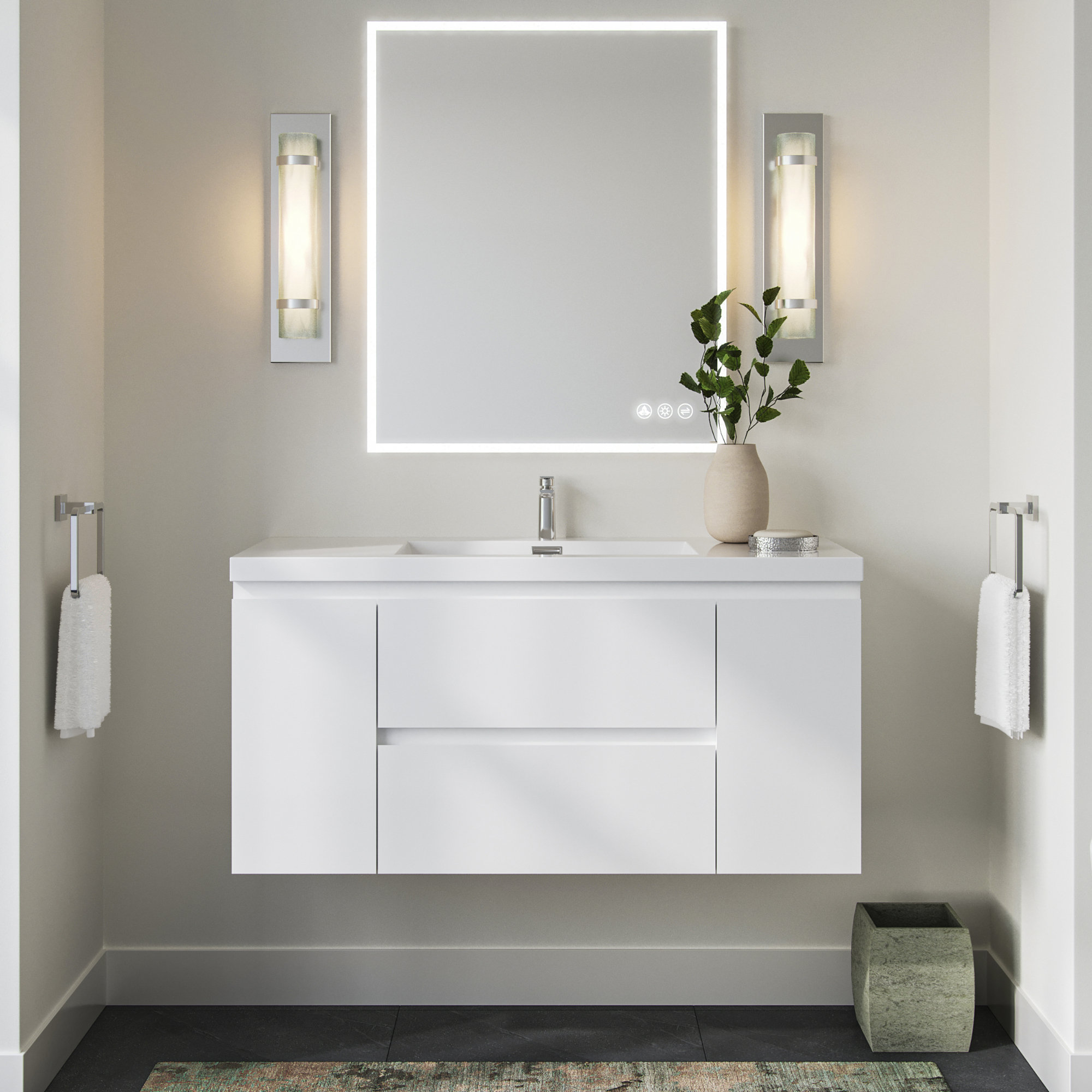 MOB Bath Vanity, High Gloss White, 48", Single Sink, Wall Mount