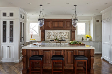 Kitchen - large traditional l-shaped dark wood floor and brown floor kitchen idea in Chicago with white cabinets, marble countertops, marble backsplash, stainless steel appliances, an island, recessed-panel cabinets and multicolored backsplash
