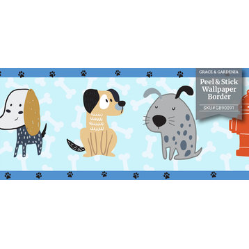 GB90091 Cartoon Dogs Bones & Paws Peel and Stick Wallpaper Border 10in x 15ft