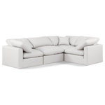 Meridian Furniture - Indulge Upholstered Modular L-Shaped Sectional, Cream, 4-Piece: 1 Armless Chair, 3 Corner Chair, Fiber Stuffed Vegan Leather - Unwind in tranquil elegance with the Indulge Vegan Leather Sectional. Imagine sinking into the plush embrace of this lush sectional, crafted from rich, textured cream vegan leather that feels soft and inviting against your skin. Overstuffed down feather cushions cradle you in cloud-like comfort, while the solid wood frame provides unwavering support. This modular masterpiece isn't just furniture - it's a blank canvas for creating your dream living space. Arrange the versatile pieces in countless configurations, from a sprawling entertainment zone for movie nights to intimate reading nooks for quiet moments. Indulge in the ultimate comfort, endless possibilities, and timeless elegance.