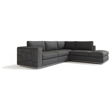 Skylar Genuine Italian Leather Modern Right Arm Chaise Sectional, Dark Gray
