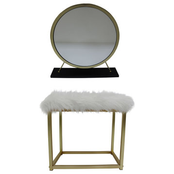 ACME Adao Vanity Mirror and Stool, Faux Fur, Mirror, Black and Brass Finish