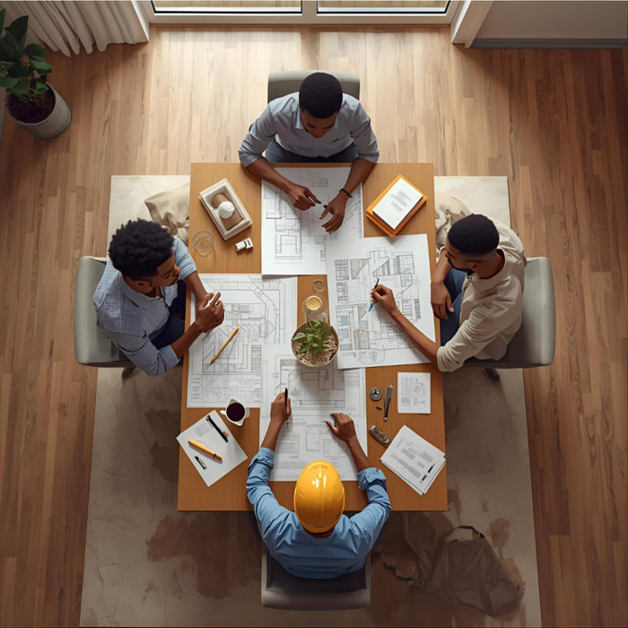 A photo of a family reviewing plans with a contractor at their dining table.