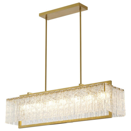 7-Light Brass Chandelier With Clear Rippled Glass