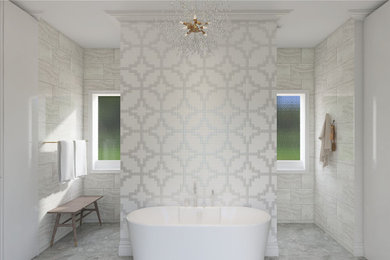 Inspiration for a large transitional master white tile and mosaic tile concrete floor, gray floor and double-sink bathroom remodel in Atlanta with dark wood cabinets, an undermount sink, quartz countertops, white countertops and a freestanding vanity