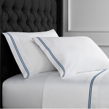 1000 Thread Count 2 Stripe Embroidery Sheet Set, Navy on White, Queen Sheet Set