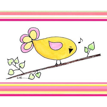 Song Bird - Yellow with Pink Strips, Ready To Hang Canvas Kid's Wall Decor, 24 X