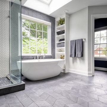 Luxery Black, White and Blue-Gray Massachusetts Master Bath.