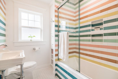 Small eclectic multicolored tile ceramic tile, white floor and single-sink bathroom photo in Portland with a console sink and a freestanding vanity