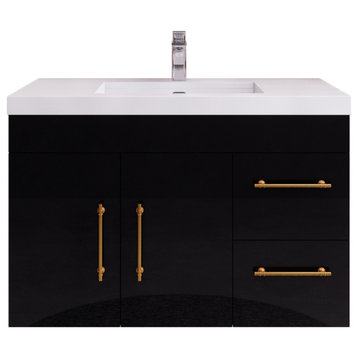 Rosa 36" Wall Mounted Vanity with Reinforced Acrylic Sink (Right Side Drawers), High Gloss Black