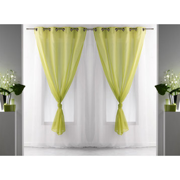 Double Layer Window Curtain Drape, Two-Tone Sheer Curtain, 95x55 Inches, Green/White, Set of 2