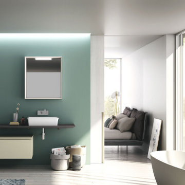 Modern bathroom with floating counter with wall mounted storage