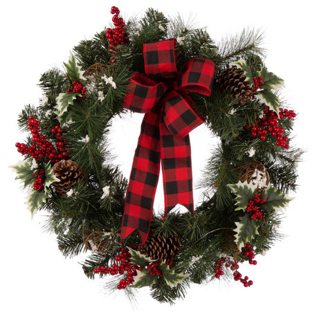 24" LED Pre-Lit Greenery Buffalo Berry Holly Pine cone Rattan Ornament Wreath