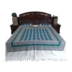 Mogul Initerior - Indian Bedding Calm Blue White Cotton Bedcover Bedroom Decor Coverlet 2 Pillow - Quilts And Quilt Sets
