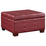 OSP Home Furnishings - Detour Strap Square Storage Ottoman, Chrimson Red Faux Leather - Add the finishing touch to any room with our Detour Storage Ottoman. Classic style with double stitch, strap detail provides a tailored classic look. Thick padding all around makes this an ideal place to kick your feet up and relax. The lid glides open easily to reveal fully lined storage and a sliding accessory tray, perfect for storing TV remotes and viewing guides. Place in front of a sofa to create an inviting coffee table scenario. Arrives fully assembled.