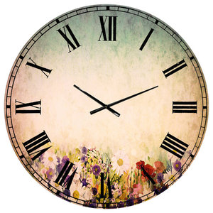 DesignQ Traditional Wall Clock 'Sunset Meadow Landscape' Floral Large Wall Clock for Office Decor 