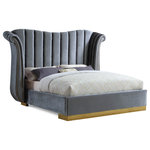 Meridian Furniture - Flora Black Velvet Bed, Gray, King - Make a dramatic statement while creating contemporary flair in the bedroom with this breathtaking Flora grey velvet king bed. Featuring a gold metal base upholstered with rich grey velvet with gold nailhead accents and channel tufting along the headboard, this gallant bed is sure to command the attention of anyone who enters your bedroom chamber. Its contemporary wing-back design adds a regal presence to your sleeping space, while its generous size ensures you sleep like a king.