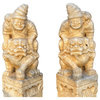 Chinese Pair Cream White Marble Stone Fengshui Foo Dog Pole Statues Hcs7209