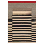 Bareens Designer Rugs - Modern Turkish Kilim Hung Hand-Woven Wool Rug - 5'7'' x 7'11'' - Elevate the elegance of your home with this stunning hand-woven tribal Kilim wool rug. Meticulously crafted on a loom by the Nomad Turkman people using hand-spun wool and 100% natural vegetable dyes, these rugs are recognized for their repetitive geometric patterns, incorporating naturalistic floral and traditional designs. The contemporary fashion palette results in bold, sharp patterns that are incredibly versatile, as the pattern is the same on both sides. These reversible rugs feature a lighter shade on one side and brighter colors on the other, providing versatility according to preference. These unique rugs are made by knotting short strands of different colors onto the warps and securing them by tightly pressing the wefts. The designs are created by interweaving the various colored wefts and warps. Kilims are known for their exceptional durability and versatility, making them truly unique rugs.  Product Details    Rug Size: 5'7'' x 7'11''  Material: 100% Wool  Style: Kilim, Flat Weave, Dhurrie, Turkish, Southwestern, Rustic, Tribal  Colors: Beige, Black  Weave Type: Hand-Woven, Handmade  Pile Height: Less than 0.25 inch