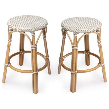 Home Square 2 Piece Rattan Counter Stool Set in Beige and White